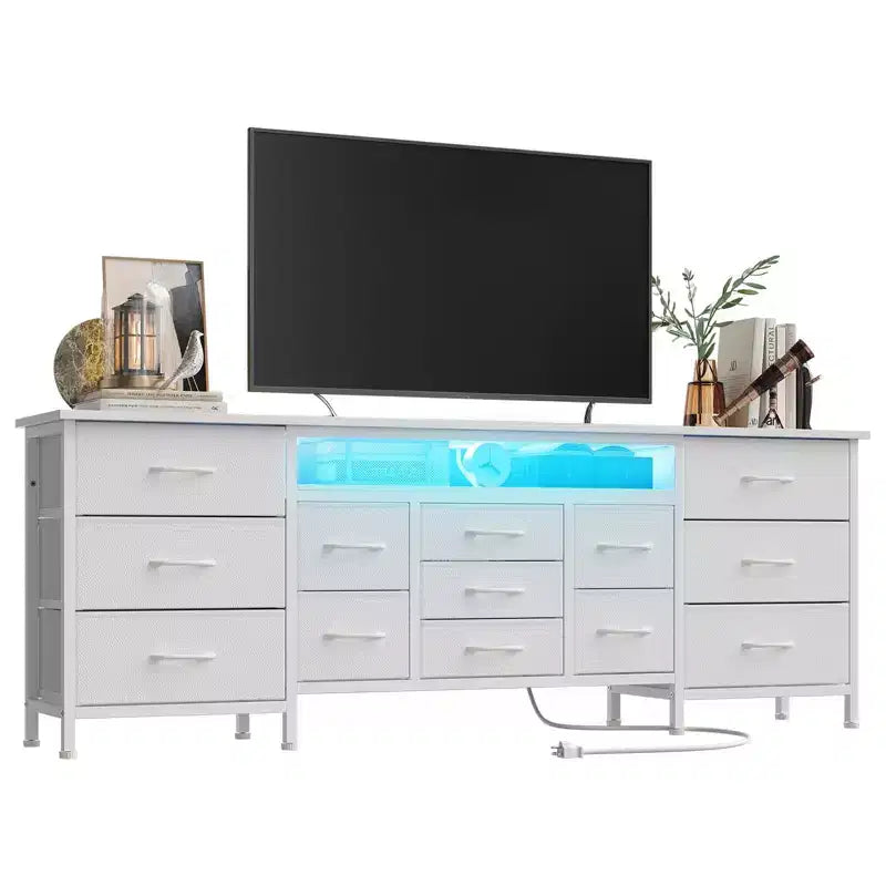 COZONY 70 Commode Noire avec 13 Tiroirs en Tissu et Lumières LED, Meuble TV Large avec Cadre Métallique pour Chambre et Salon