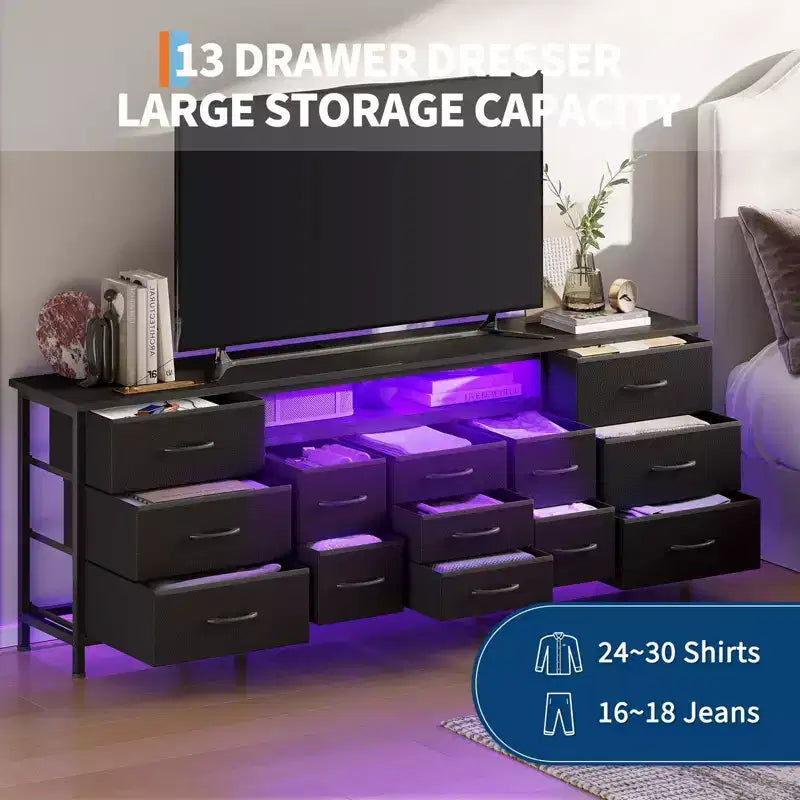 COZONY 70 Commode Noire avec 13 Tiroirs en Tissu et Lumières LED, Meuble TV Large avec Cadre Métallique pour Chambre et Salon
