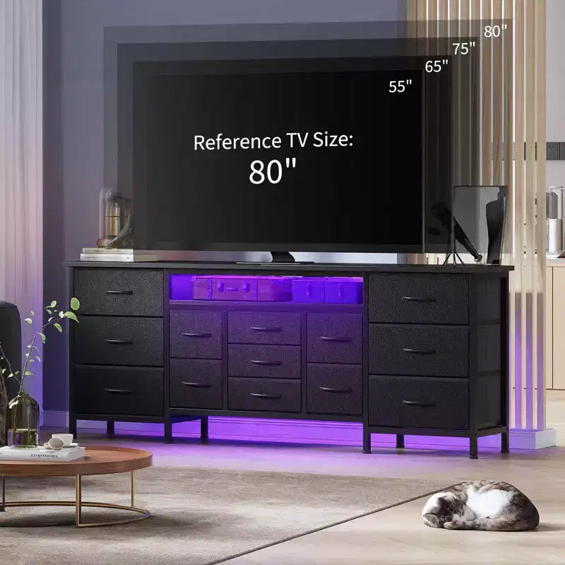 COZONY 70 Commode Noire avec 13 Tiroirs en Tissu et Lumières LED, Meuble TV Large avec Cadre Métallique pour Chambre et Salon