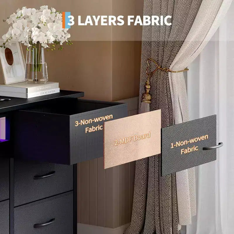 COZONY 70 Commode Noire avec 13 Tiroirs en Tissu et Lumières LED, Meuble TV Large avec Cadre Métallique pour Chambre et Salon