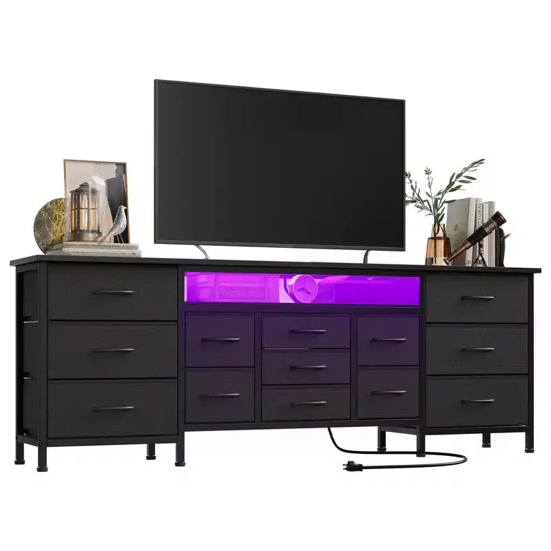 COZONY 70 Commode Noire avec 13 Tiroirs en Tissu et Lumières LED, Meuble TV Large avec Cadre Métallique pour Chambre et Salon