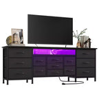 COZONY 70 Commode Noire avec 13 Tiroirs en Tissu et Lumières LED, Meuble TV Large avec Cadre Métallique pour Chambre et Salon