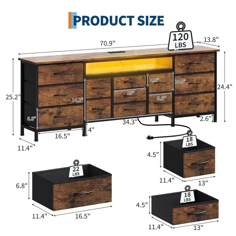 COZONY 70 Commode Noire avec 13 Tiroirs en Tissu et Lumières LED, Meuble TV Large avec Cadre Métallique pour Chambre et Salon