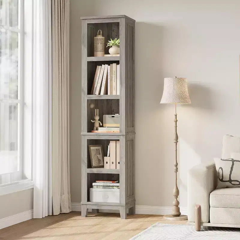 Étagère d'angle étroite à 5 niveaux, étagère de style campagnard pour salon avec pieds en bois, grise, convient pour le salon et la chambre, peu encombrante