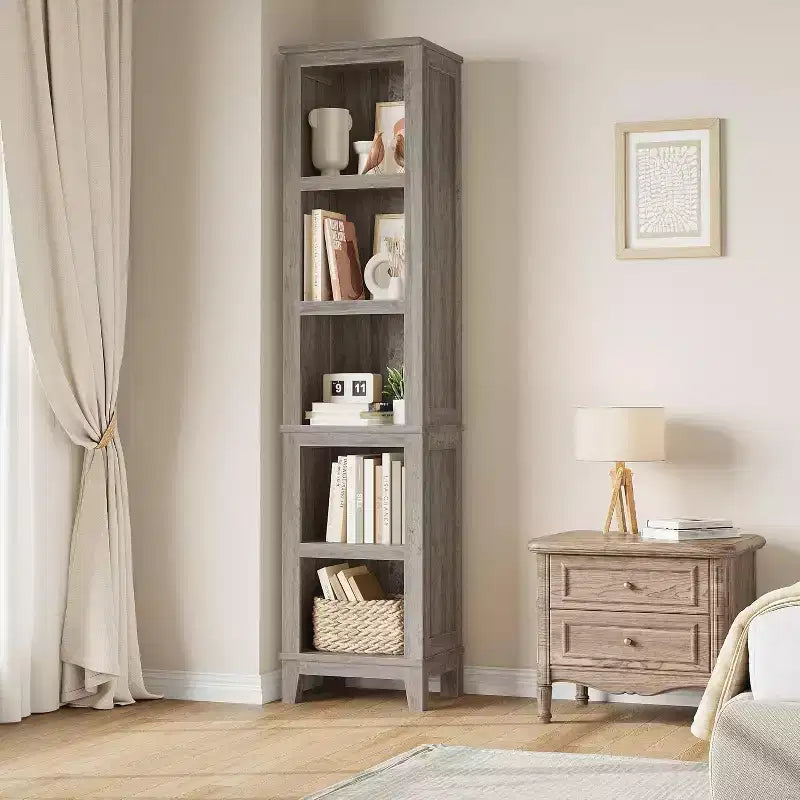 Étagère d'angle étroite à 5 niveaux, étagère de style campagnard pour salon avec pieds en bois, grise, convient pour le salon et la chambre, peu encombrante