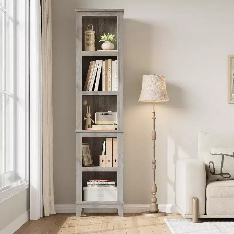 Étagère d'angle étroite à 5 niveaux, étagère de style campagnard pour salon avec pieds en bois, grise, convient pour le salon et la chambre, peu encombrante