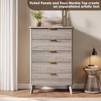 Commode cannelée pour chambre à coucher avec 5 tiroirs profonds, commode haute de 120 cm, design à profil incurvé, commode moderne en bois pour salon et couloir