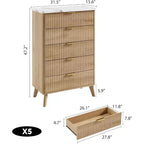 Commode cannelée pour chambre à coucher avec 5 tiroirs profonds, commode haute de 120 cm, design à profil incurvé, commode moderne en bois pour salon et couloir