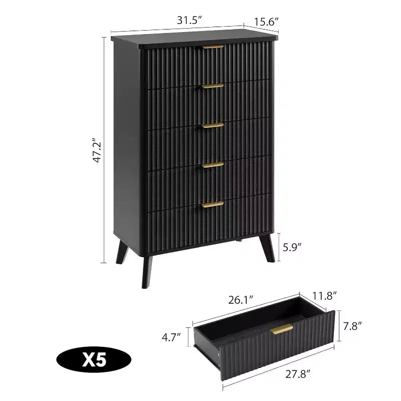 Commode cannelée pour chambre à coucher avec 5 tiroirs profonds, commode haute de 120 cm, design à profil incurvé, commode moderne en bois pour salon et couloir