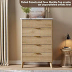 Commode cannelée pour chambre à coucher avec 5 tiroirs profonds, commode haute de 120 cm, design à profil incurvé, commode moderne en bois pour salon et couloir