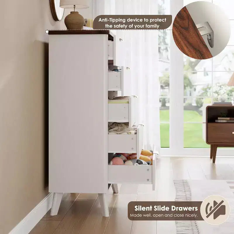 Commode cannelée pour chambre à coucher avec 5 tiroirs profonds, commode haute de 120 cm, design à profil incurvé, commode moderne en bois pour salon et couloir