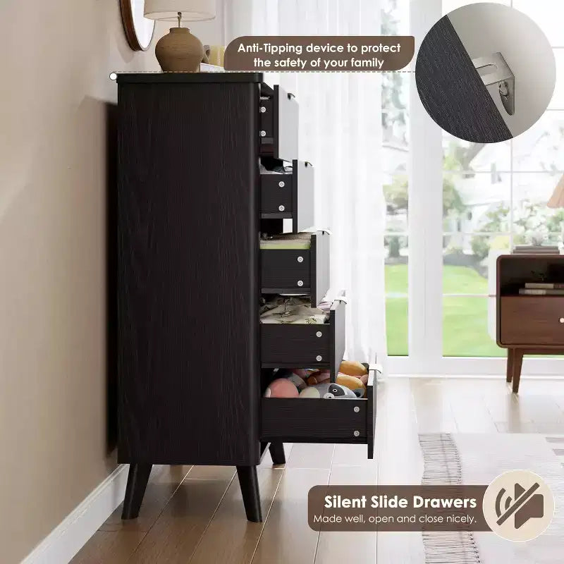 Commode cannelée pour chambre à coucher avec 5 tiroirs profonds, commode haute de 120 cm, design à profil incurvé, commode moderne en bois pour salon et couloir