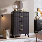 Commode cannelée pour chambre à coucher avec 5 tiroirs profonds, commode haute de 120 cm, design à profil incurvé, commode moderne en bois pour salon et couloir
