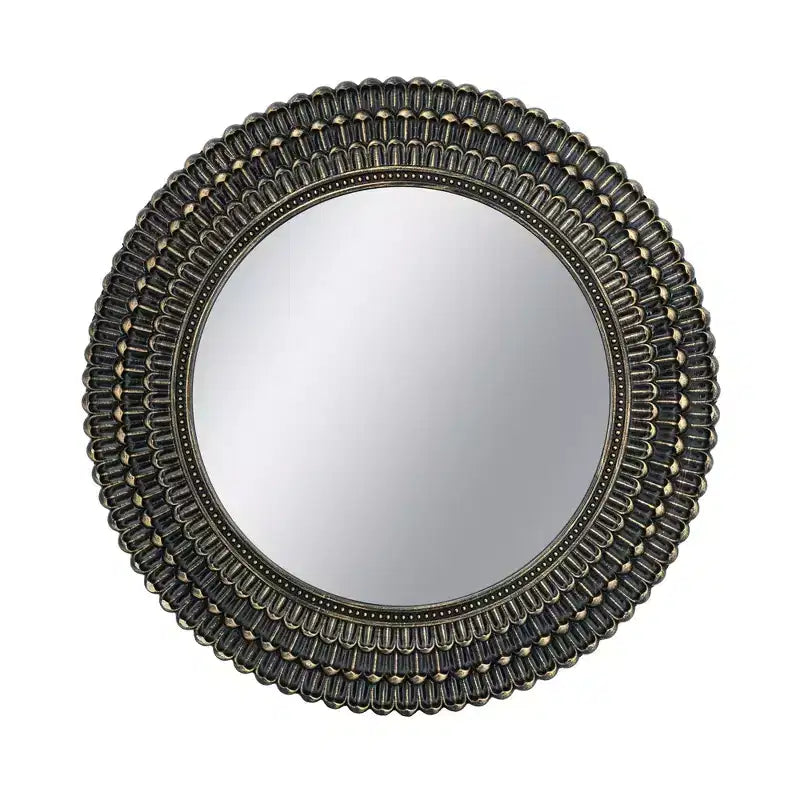 26.5 Inch Round Black and Gold Wooden Wall Mirror with Woven Texture