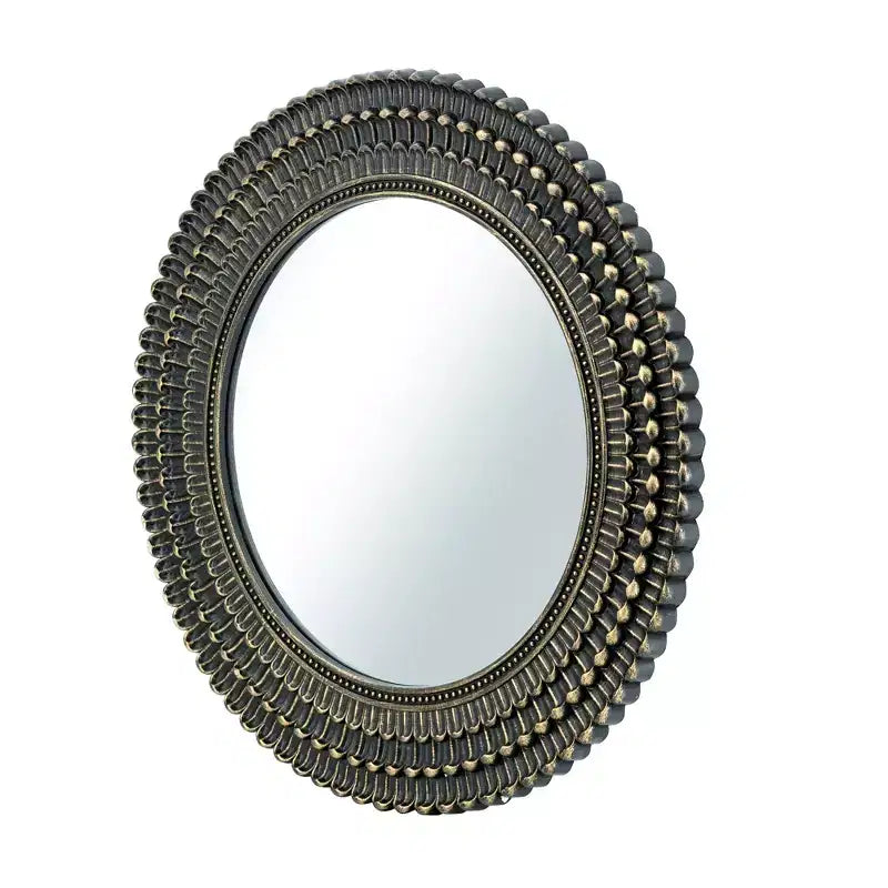 26.5 Inch Round Black and Gold Wooden Wall Mirror with Woven Texture