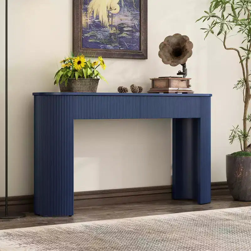 Table d'entrée Clihome avec design cannelé, console moderne avec rangement, plateau ovale et 2 tiroirs pour l'entrée et le salon