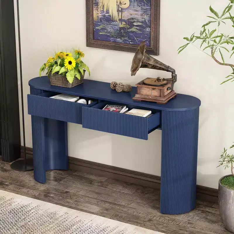 Table d'entrée Clihome avec design cannelé, console moderne avec rangement, plateau ovale et 2 tiroirs pour l'entrée et le salon