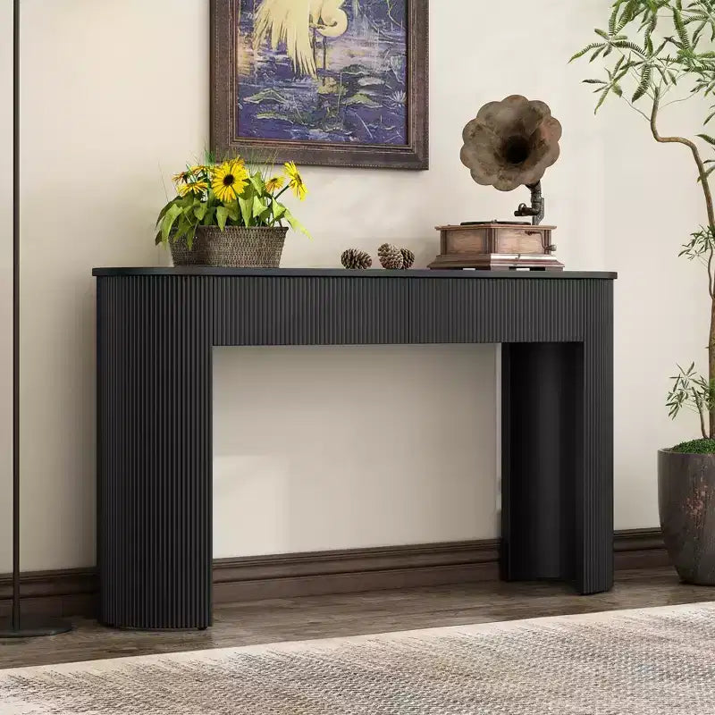 Table d'entrée Clihome avec design cannelé, console moderne avec rangement, plateau ovale et 2 tiroirs pour l'entrée et le salon