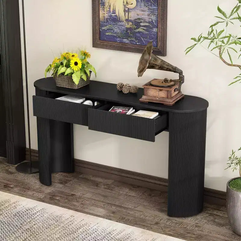 Table d'entrée Clihome avec design cannelé, console moderne avec rangement, plateau ovale et 2 tiroirs pour l'entrée et le salon