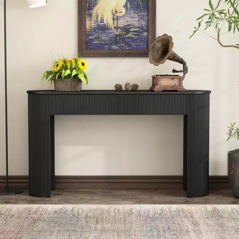 Clihome Entryway Table with Fluted Design, Modern Console Table with Storage, Oval Top and 2 Drawers for Entryway and Living Room