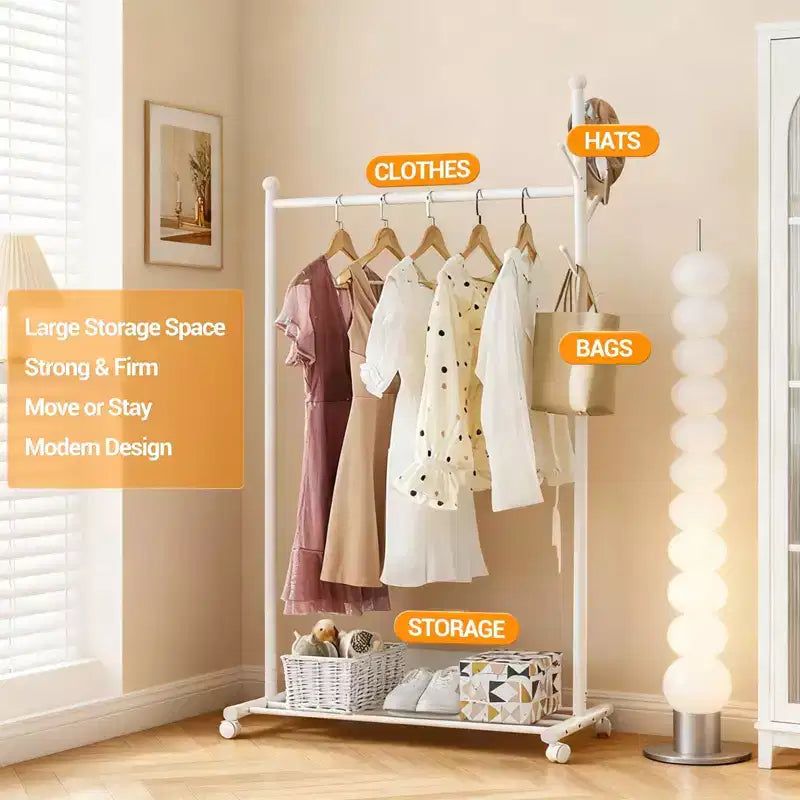 Portant à vêtements métallique Acekool avec roulettes, organisateur de vêtements roulant avec crochets