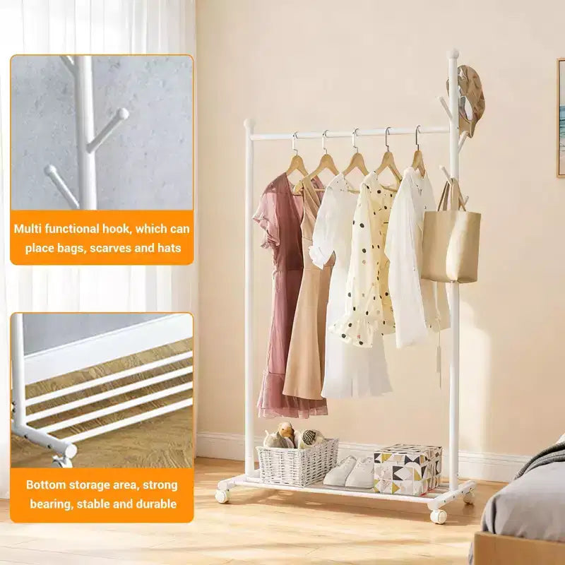 Portant à vêtements métallique Acekool avec roulettes, organisateur de vêtements roulant avec crochets