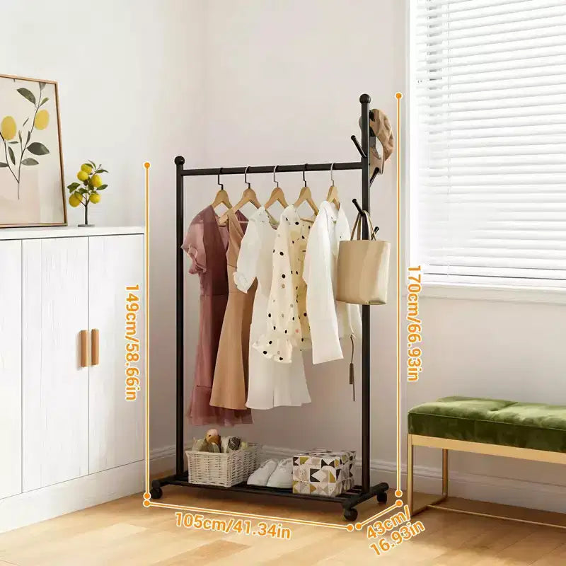 Portant à vêtements métallique Acekool avec roulettes, organisateur de vêtements roulant avec crochets