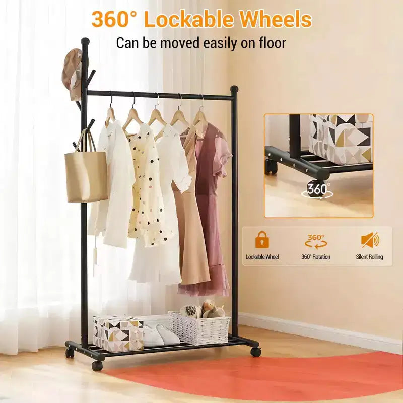 Portant à vêtements métallique Acekool avec roulettes, organisateur de vêtements roulant avec crochets