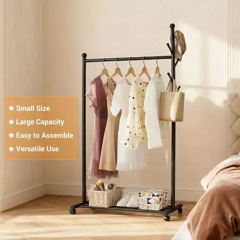 Portant à vêtements métallique Acekool avec roulettes, organisateur de vêtements roulant avec crochets