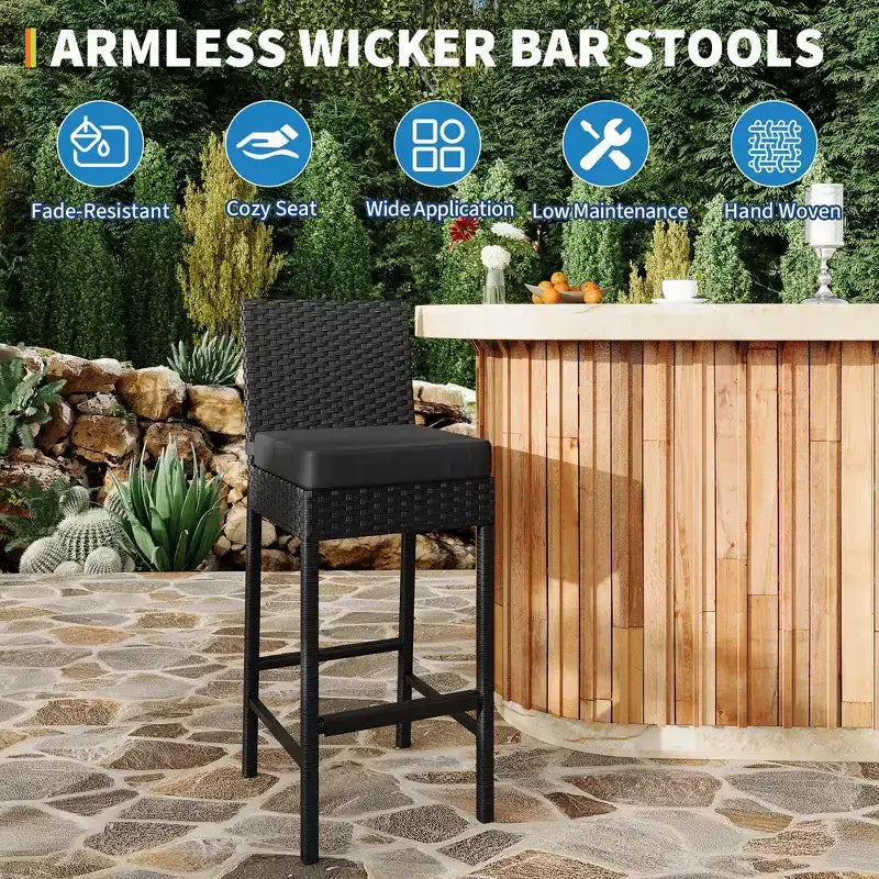 Set of 2 Outdoor Wicker Bar Stools  Armless Rattan Bar-Height Chairs with Cushions for Patio, Poolside or Backyard