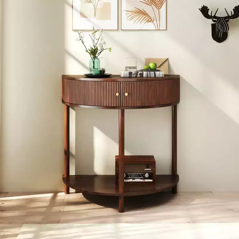 JVNOXK Table console ondulée fabriquée à la main de 80 cm, avec tiroirs texturés en 3D, dotée de deux tiroirs de rangement et d'une étagère inférieure. Marron
