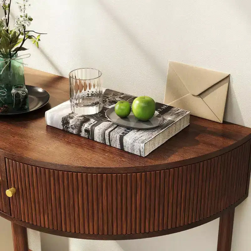 JVNOXK Table console ondulée fabriquée à la main de 80 cm, avec tiroirs texturés en 3D, dotée de deux tiroirs de rangement et d'une étagère inférieure. Marron
