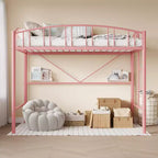 Lit mezzanine double avec échelle et garde-corps arqué, cadre de lit mezzanine en métal robuste pour enfants et adultes, peu encombrant, pas besoin de sommier tapissier, rose