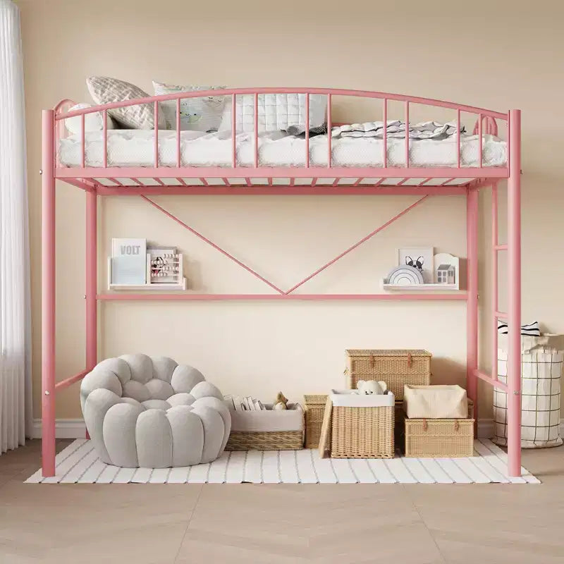 Lit mezzanine double avec échelle et garde-corps arqué, cadre de lit mezzanine en métal robuste pour enfants et adultes, peu encombrant, pas besoin de sommier tapissier, rose