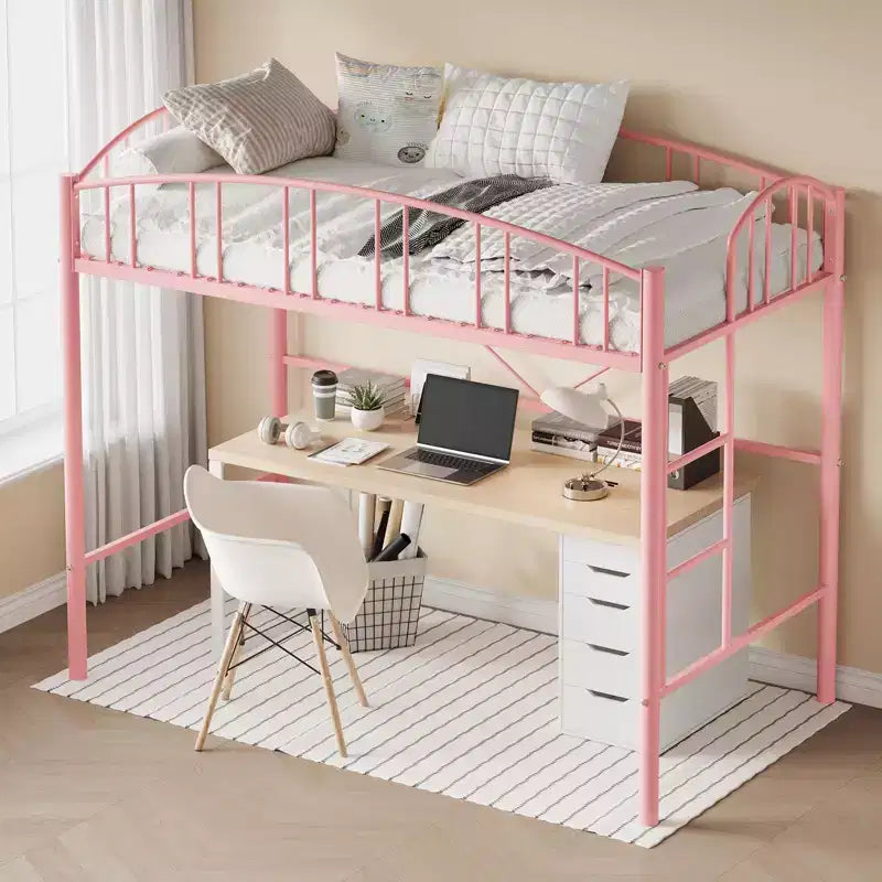 Lit mezzanine double avec échelle et garde-corps arqué, cadre de lit mezzanine en métal robuste pour enfants et adultes, peu encombrant, pas besoin de sommier tapissier, rose