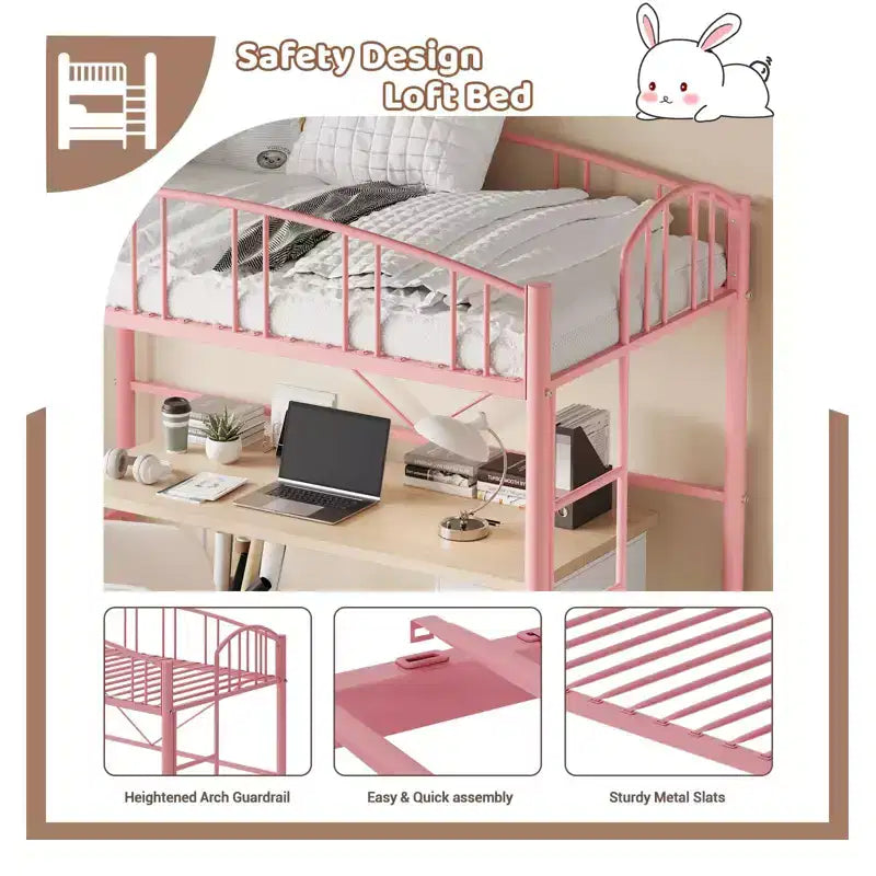 Lit mezzanine double avec échelle et garde-corps arqué, cadre de lit mezzanine en métal robuste pour enfants et adultes, peu encombrant, pas besoin de sommier tapissier, rose