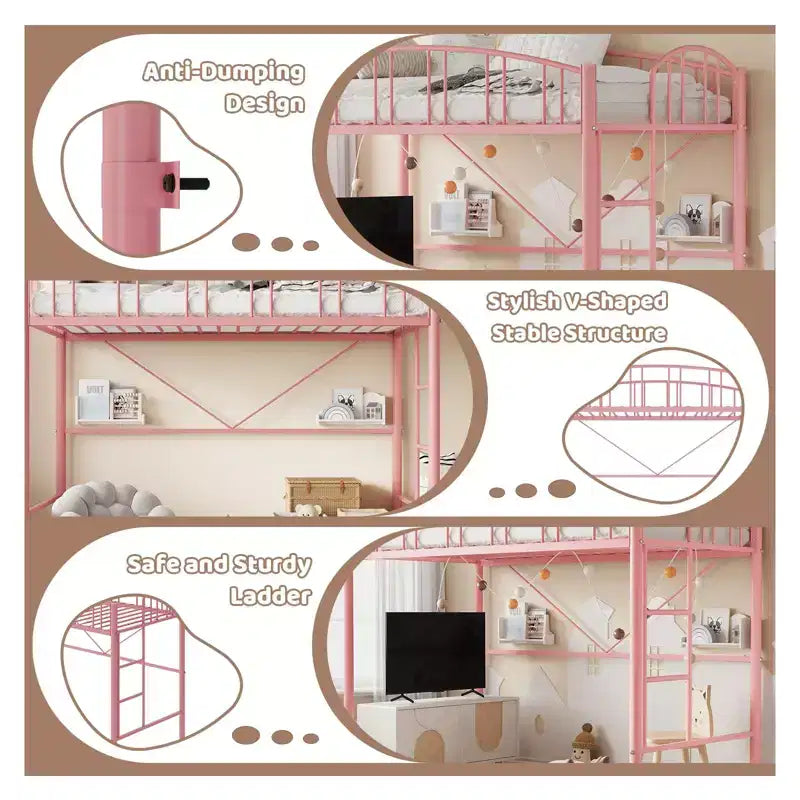 Lit mezzanine double avec échelle et garde-corps arqué, cadre de lit mezzanine en métal robuste pour enfants et adultes, peu encombrant, pas besoin de sommier tapissier, rose