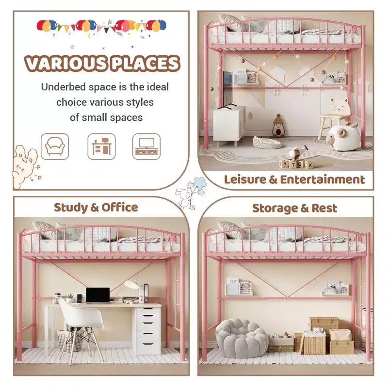 Lit mezzanine double avec échelle et garde-corps arqué, cadre de lit mezzanine en métal robuste pour enfants et adultes, peu encombrant, pas besoin de sommier tapissier, rose