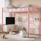 Lit mezzanine double avec échelle et garde-corps arqué, cadre de lit mezzanine en métal robuste pour enfants et adultes, peu encombrant, pas besoin de sommier tapissier, rose