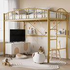 Lit mezzanine double avec échelle et garde-corps arqué, cadre de lit mezzanine en métal robuste pour enfants et adultes, peu encombrant, pas besoin de sommier tapissier, rose