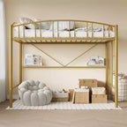 Lit mezzanine double avec échelle et garde-corps arqué, cadre de lit mezzanine en métal robuste pour enfants et adultes, peu encombrant, pas besoin de sommier tapissier, rose