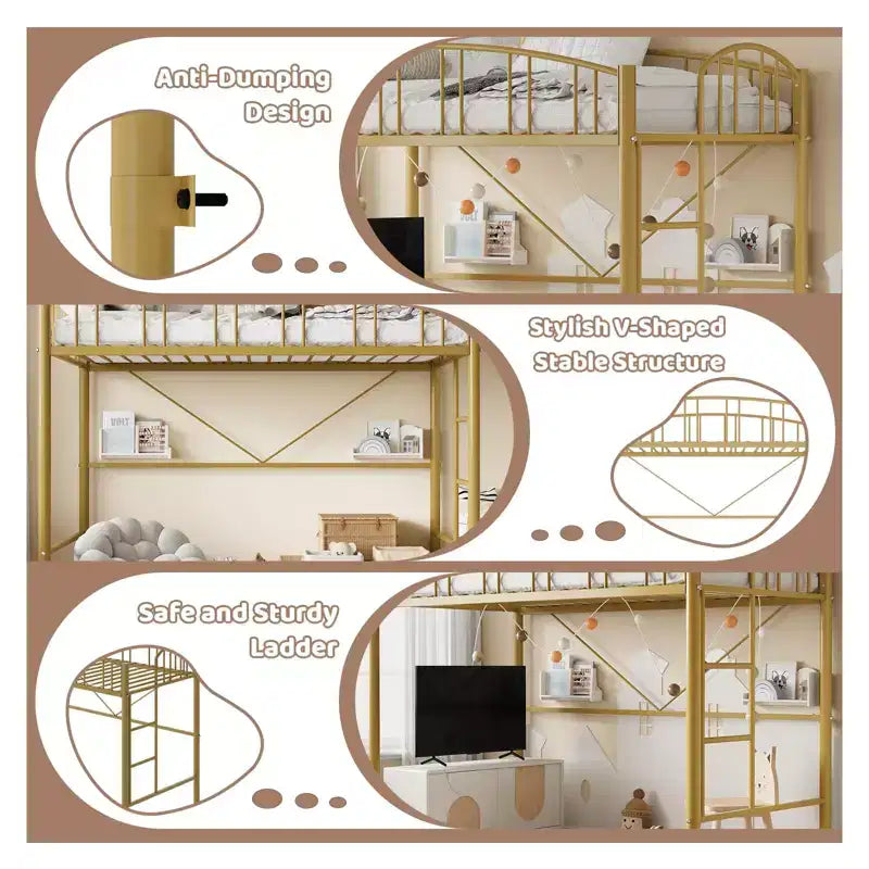 Lit mezzanine double avec échelle et garde-corps arqué, cadre de lit mezzanine en métal robuste pour enfants et adultes, peu encombrant, pas besoin de sommier tapissier, rose