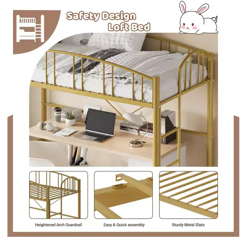 Lit mezzanine double avec échelle et garde-corps arqué, cadre de lit mezzanine en métal robuste pour enfants et adultes, peu encombrant, pas besoin de sommier tapissier, rose