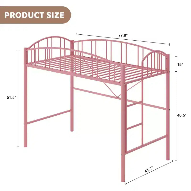 Lit mezzanine double avec échelle et garde-corps arqué, cadre de lit mezzanine en métal robuste pour enfants et adultes, peu encombrant, pas besoin de sommier tapissier, rose