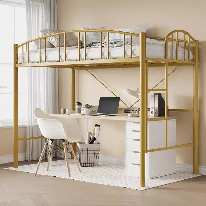 Loft Bed Twin Size with Ladde and Arched Guardrail, Heavy Duty Metal Loft Bed Frame for Kids and Adults, Space Saving, No Box Spring Needed, Pink