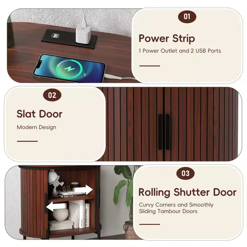 Buffet moderne du milieu du siècle Bestier avec portes coulissantes à lattes, prise de courant intégrée et ports USB
