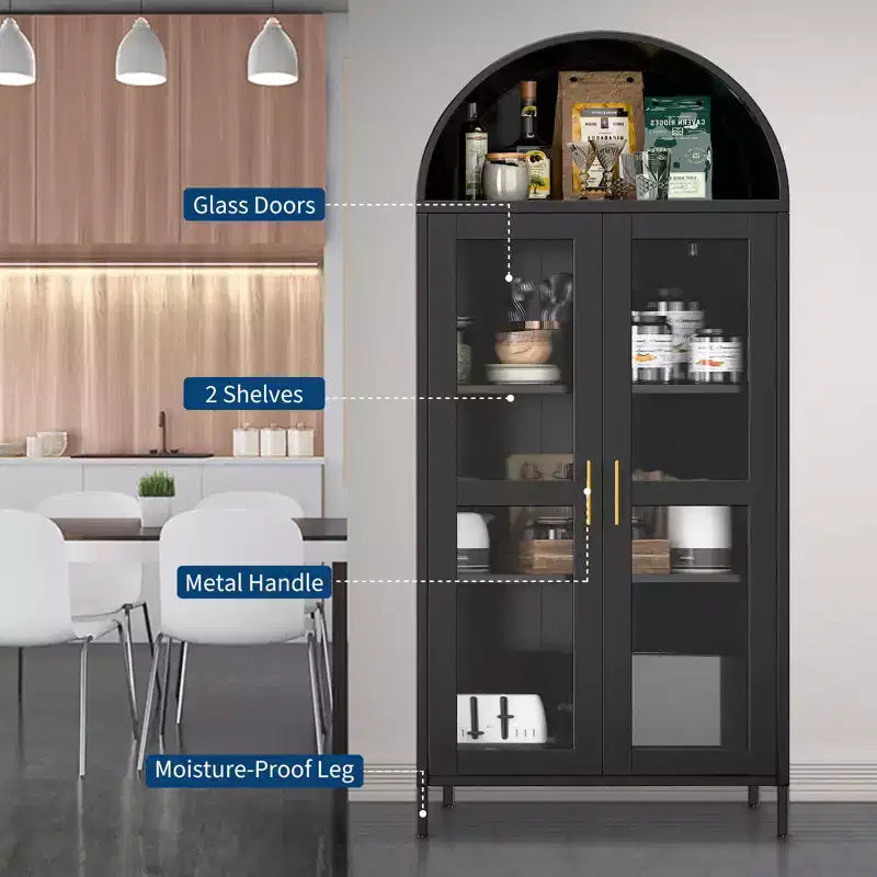 COZONY 73" Grand meuble de rangement de cuisine arqué avec portes vitrées, 2 étagères réglables pour cuisine, salon et salle à manger