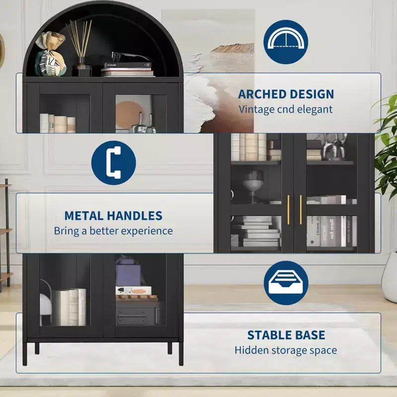 COZONY 73" Grand meuble de rangement de cuisine arqué avec portes vitrées, 2 étagères réglables pour cuisine, salon et salle à manger