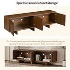 Meuble TV 70 pouces pour téléviseurs jusqu'à 75 pouces, meuble TV style rétro en bois avec portes ondulées, console multimédia avec rangement spacieux à double placard
