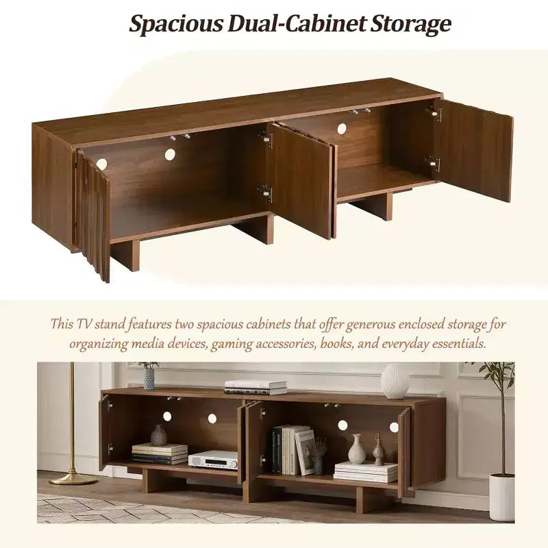 Meuble TV 70 pouces pour téléviseurs jusqu'à 75 pouces, meuble TV style rétro en bois avec portes ondulées, console multimédia avec rangement spacieux à double placard